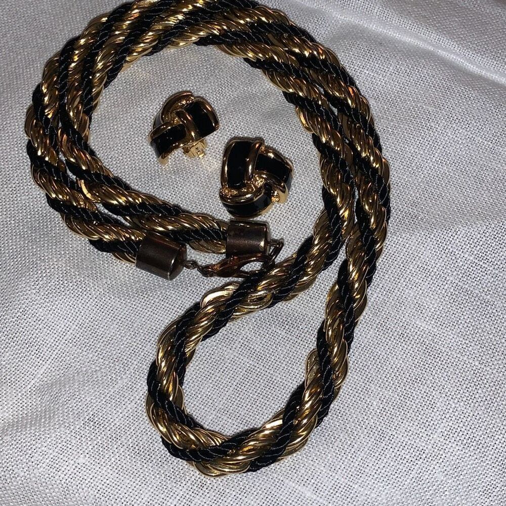 Vintage 80’s Gold and Black Rope Chain‎ Necklace Ser with Matching Clip Earrings - Picture 9 of 11